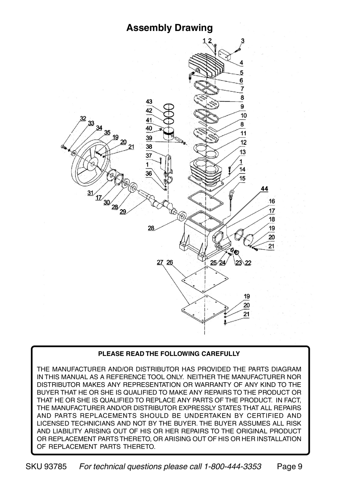Harbor Freight Tools 93785 operating instructions Assembly Drawing, Please Read the Following Carefully 