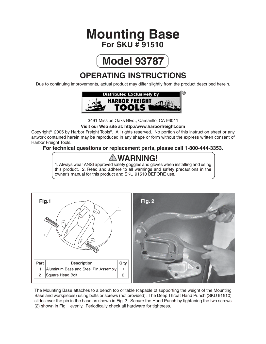 Harbor Freight Tools 93787 operating instructions Mounting Base, Model, Operating Instructions 