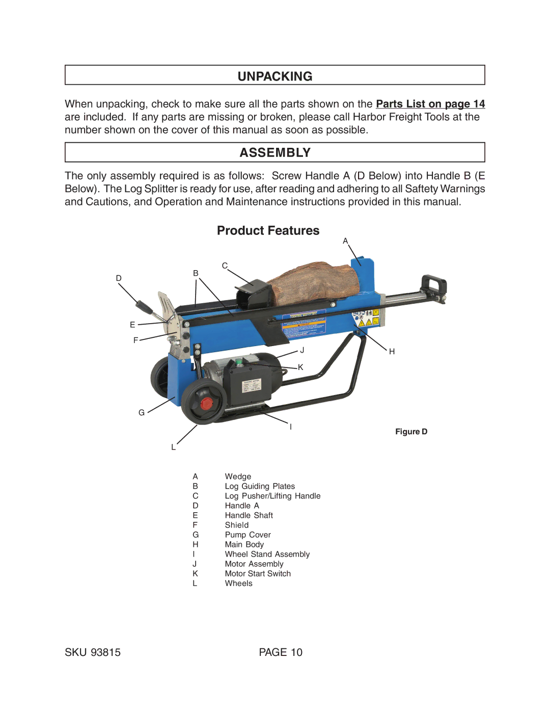 Harbor Freight Tools 93815 manual Unpacking, Assembly 