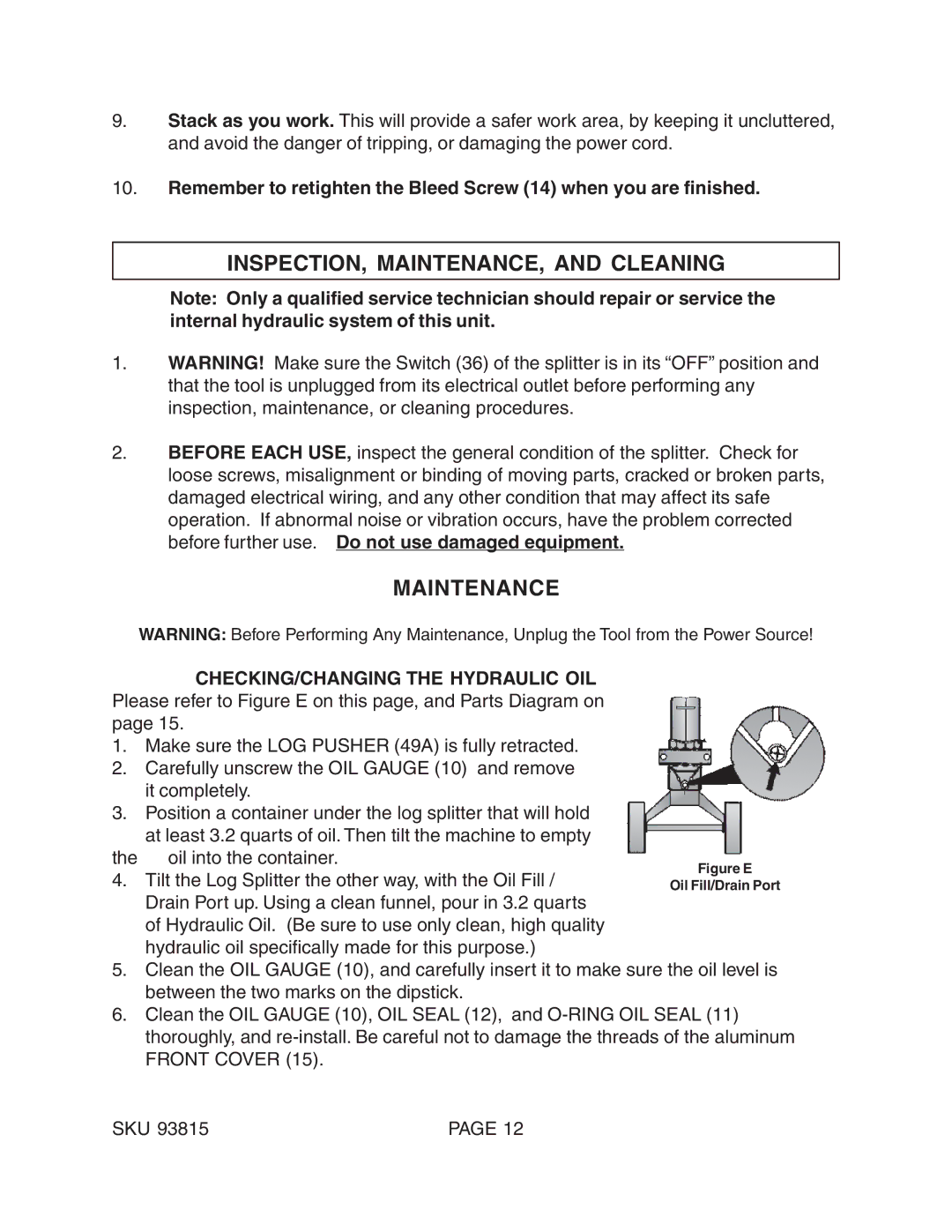 Harbor Freight Tools 93815 manual INSPECTION, MAINTENANCE, and Cleaning, Maintenance 