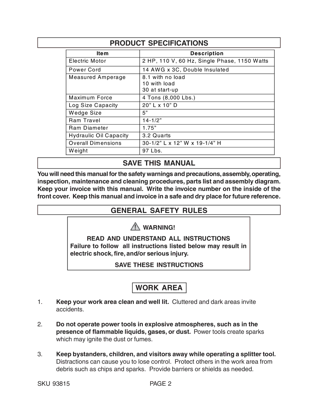 Harbor Freight Tools 93815 manual Product Specifications, Save this Manual, General Safety Rules, Work Area 