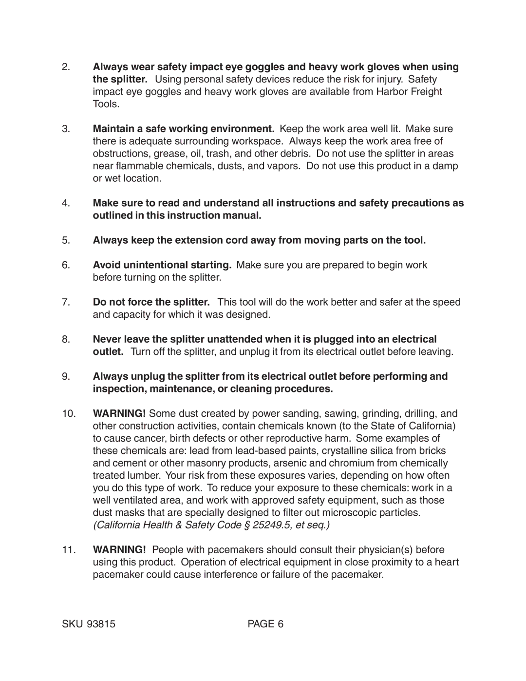 Harbor Freight Tools 93815 manual Sku 