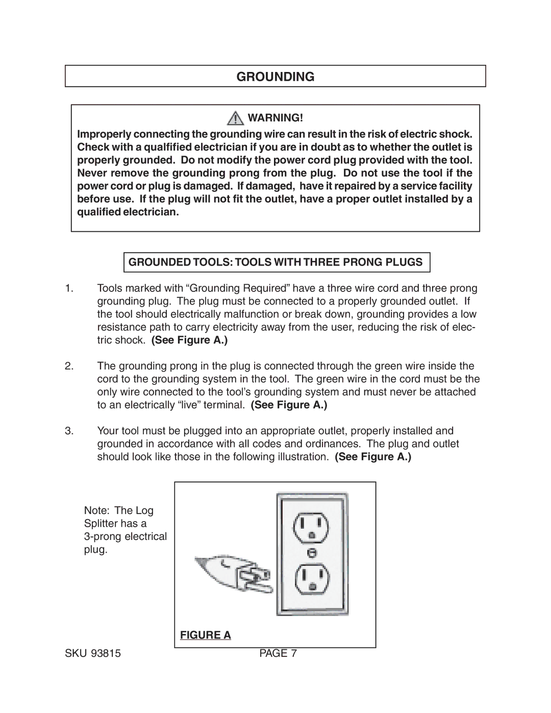 Harbor Freight Tools 93815 manual Grounding, Grounded Tools Tools with Three Prong Plugs 