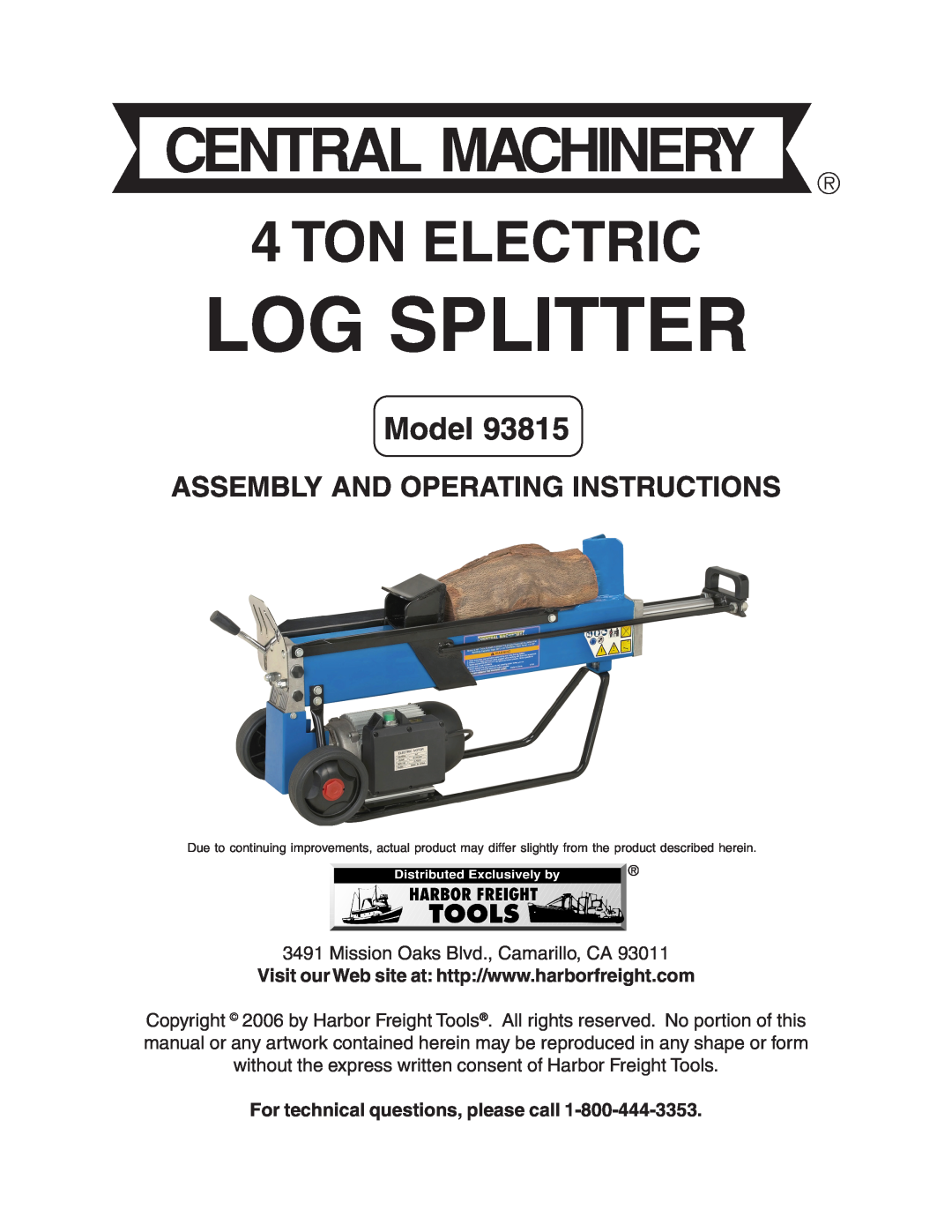 Harbor Freight Tools 93815 manual For technical questions, please call, Log Splitter, Ton Electric, Model 