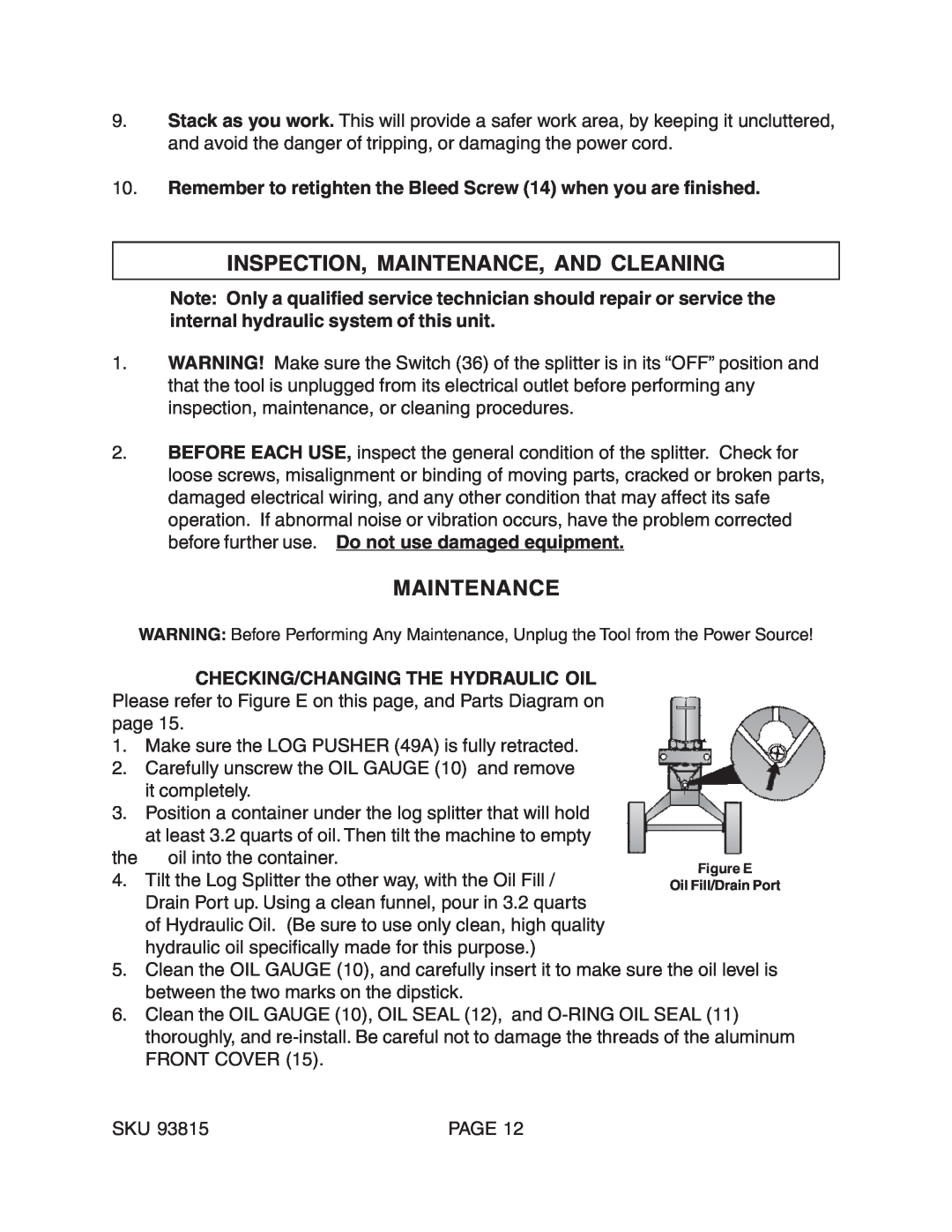 Harbor Freight Tools 93815 manual Inspection, Maintenance, And Cleaning 