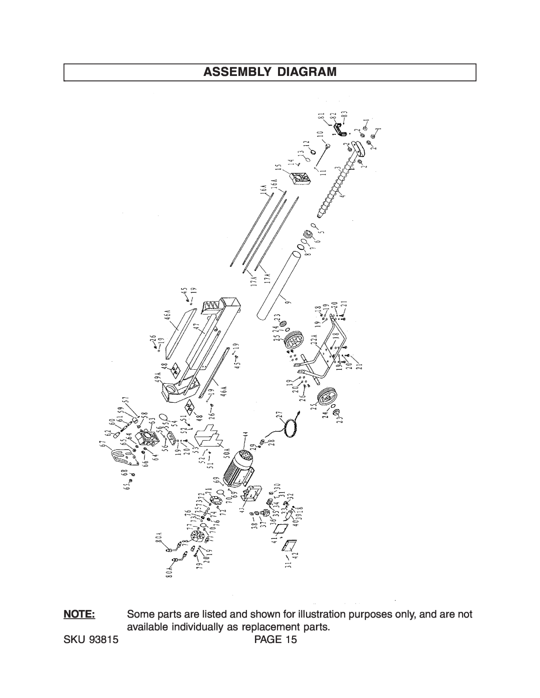 Harbor Freight Tools 93815 manual Assembly Diagram, available individually as replacement parts, Page 
