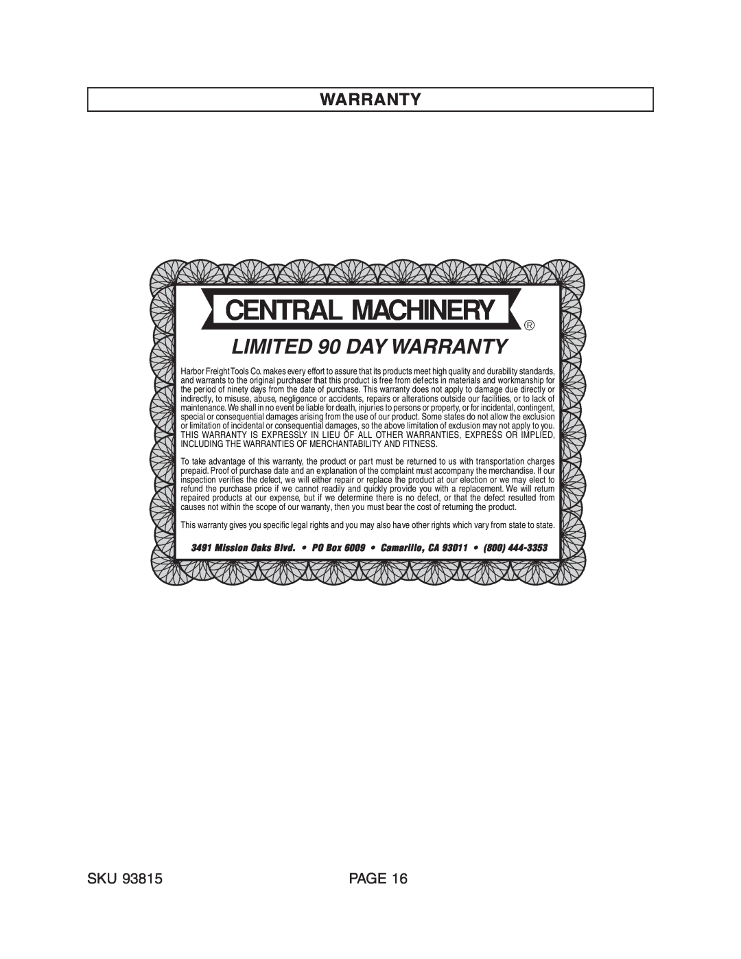 Harbor Freight Tools 93815 manual Warranty, LIMITED 90 DAY WARRANTY, Page 