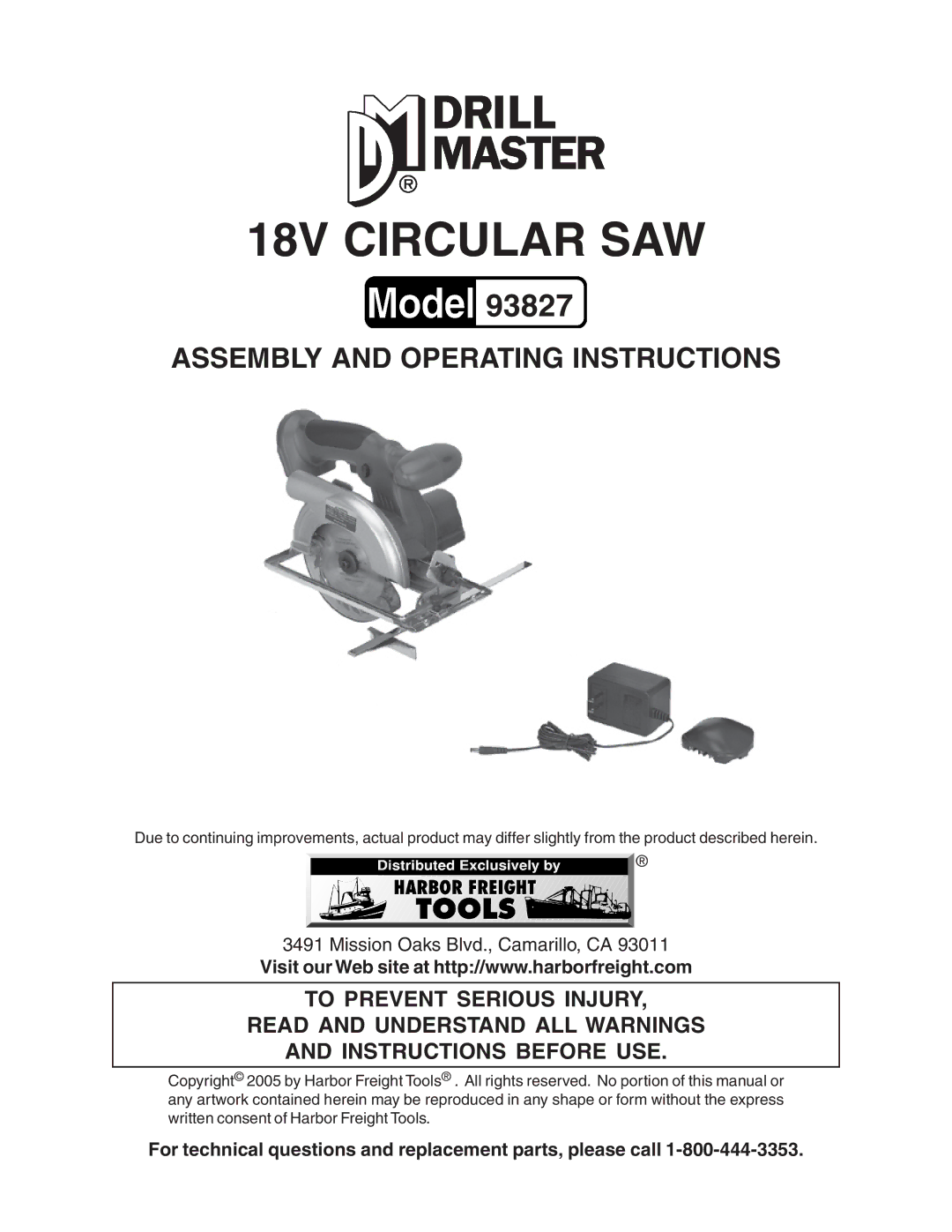 Harbor Freight Tools 93827 operating instructions 18V Circular SAW 