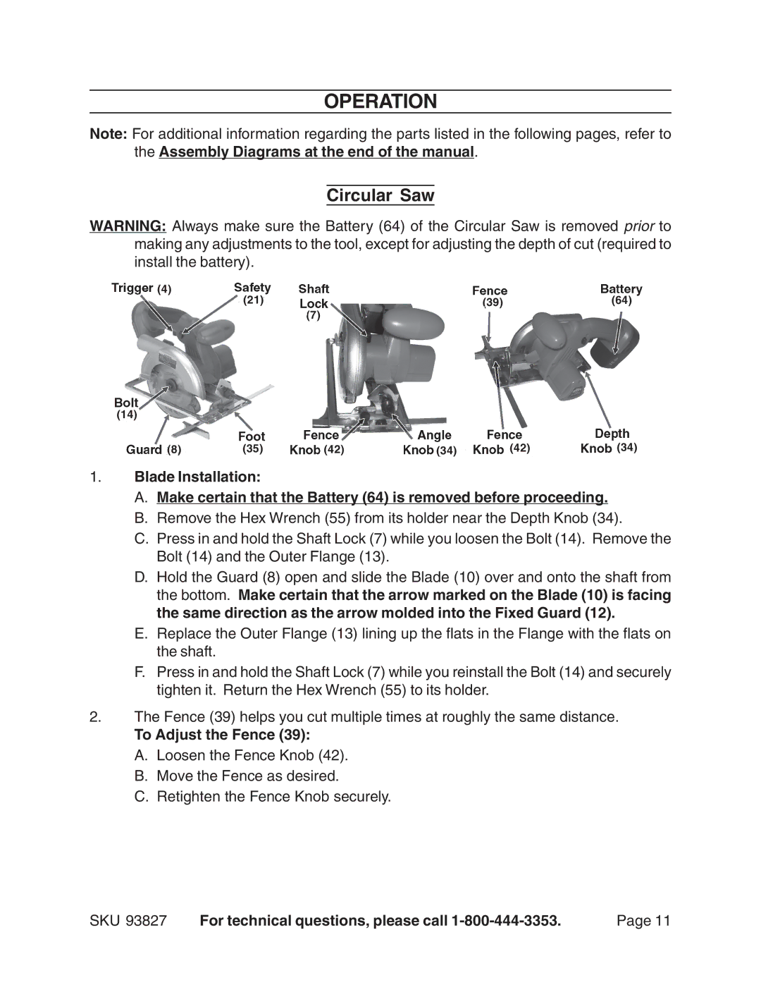 Harbor Freight Tools 93827 operating instructions Operation, To Adjust the Fence 