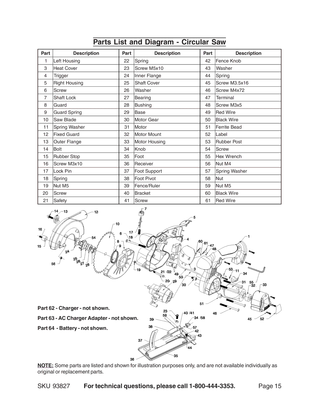 Harbor Freight Tools 93827 operating instructions Parts List and Diagram Circular Saw, Part Description 