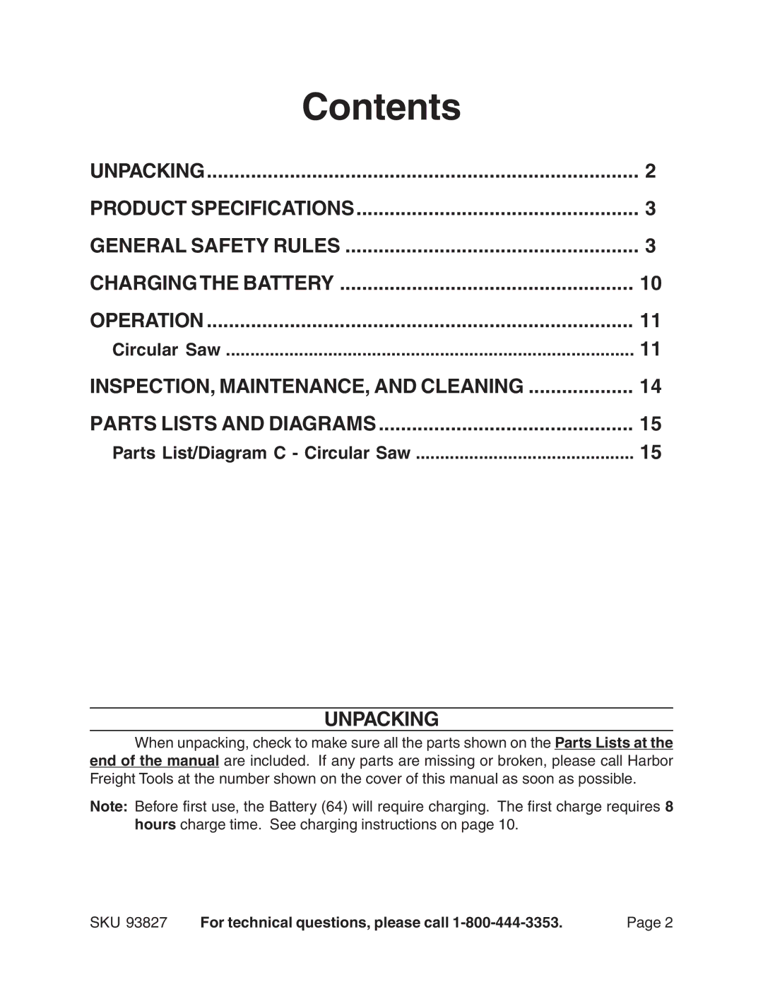 Harbor Freight Tools 93827 operating instructions Contents 