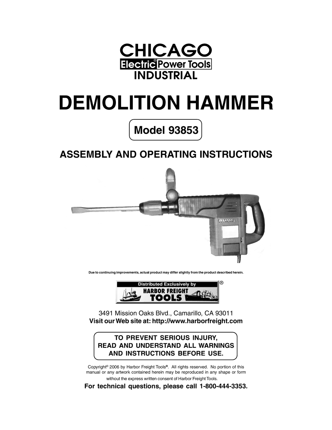 Harbor Freight Tools 93853 operating instructions Demolition Hammer, For technical questions, please call 