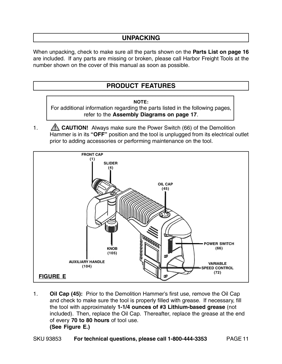 Harbor Freight Tools 93853 operating instructions Unpacking, Product Features, Refer to the Assembly Diagrams on 