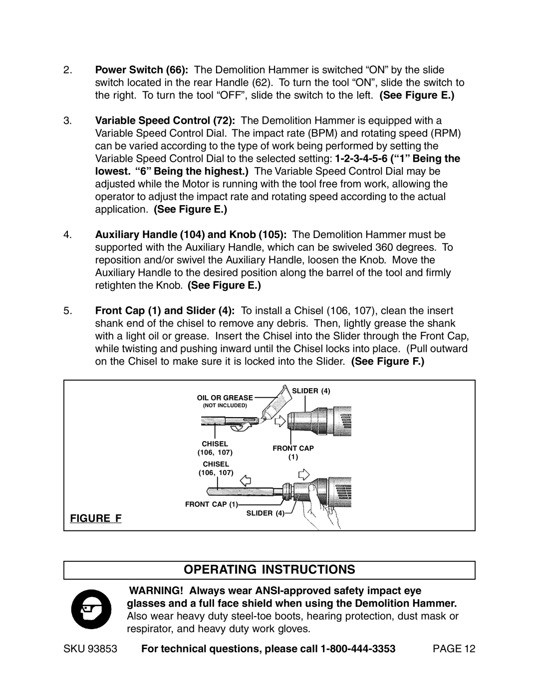 Harbor Freight Tools 93853 operating instructions Operating Instructions, Figure F 