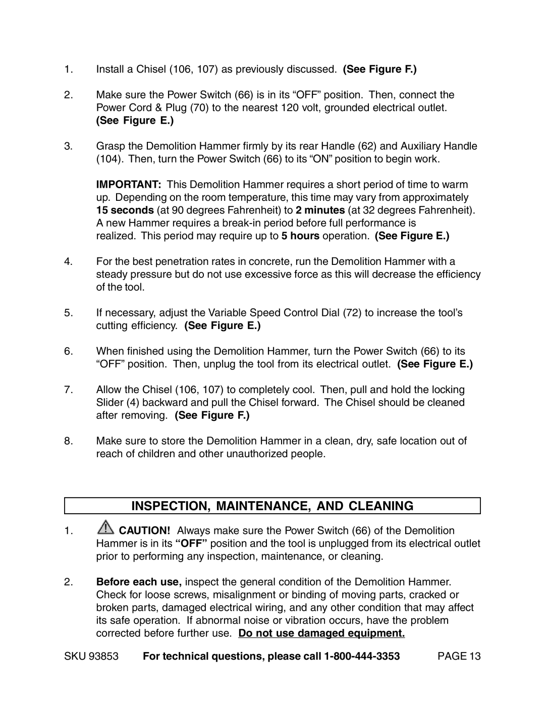 Harbor Freight Tools 93853 operating instructions INSPECTION, MAINTENANCE, and Cleaning, See Figure E 