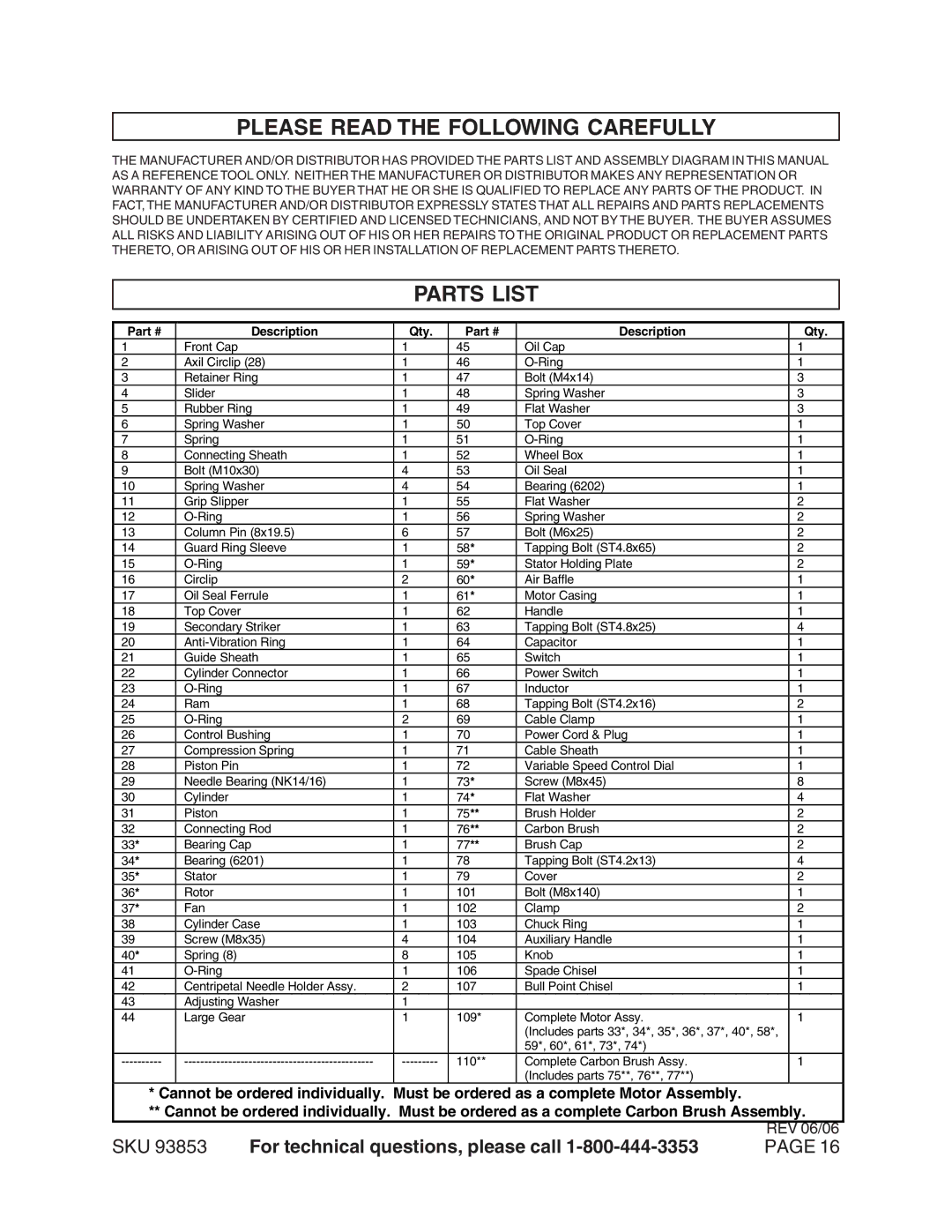 Harbor Freight Tools 93853 operating instructions Please Read the Following Carefully, Parts List 