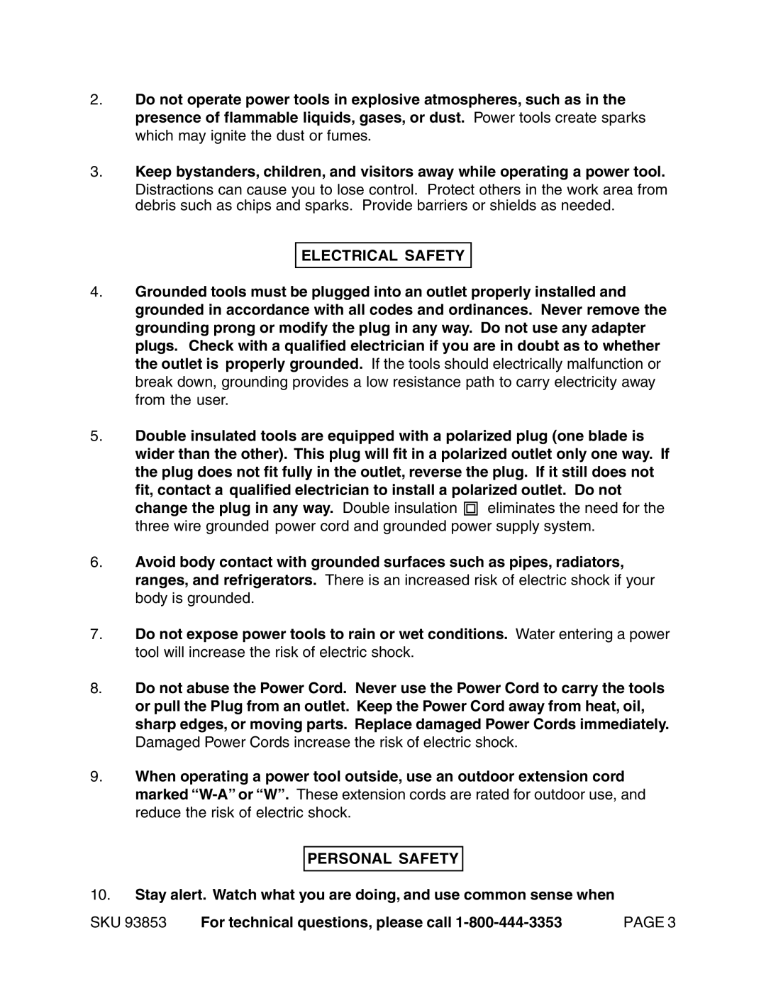 Harbor Freight Tools 93853 operating instructions Electrical Safety, Personal Safety 