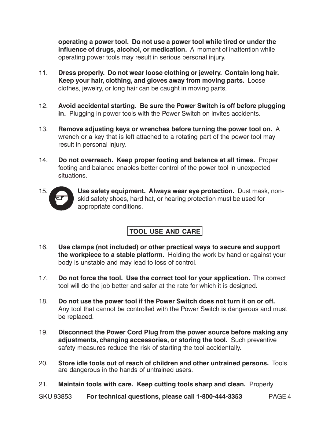 Harbor Freight Tools 93853 operating instructions Tool USE and Care 