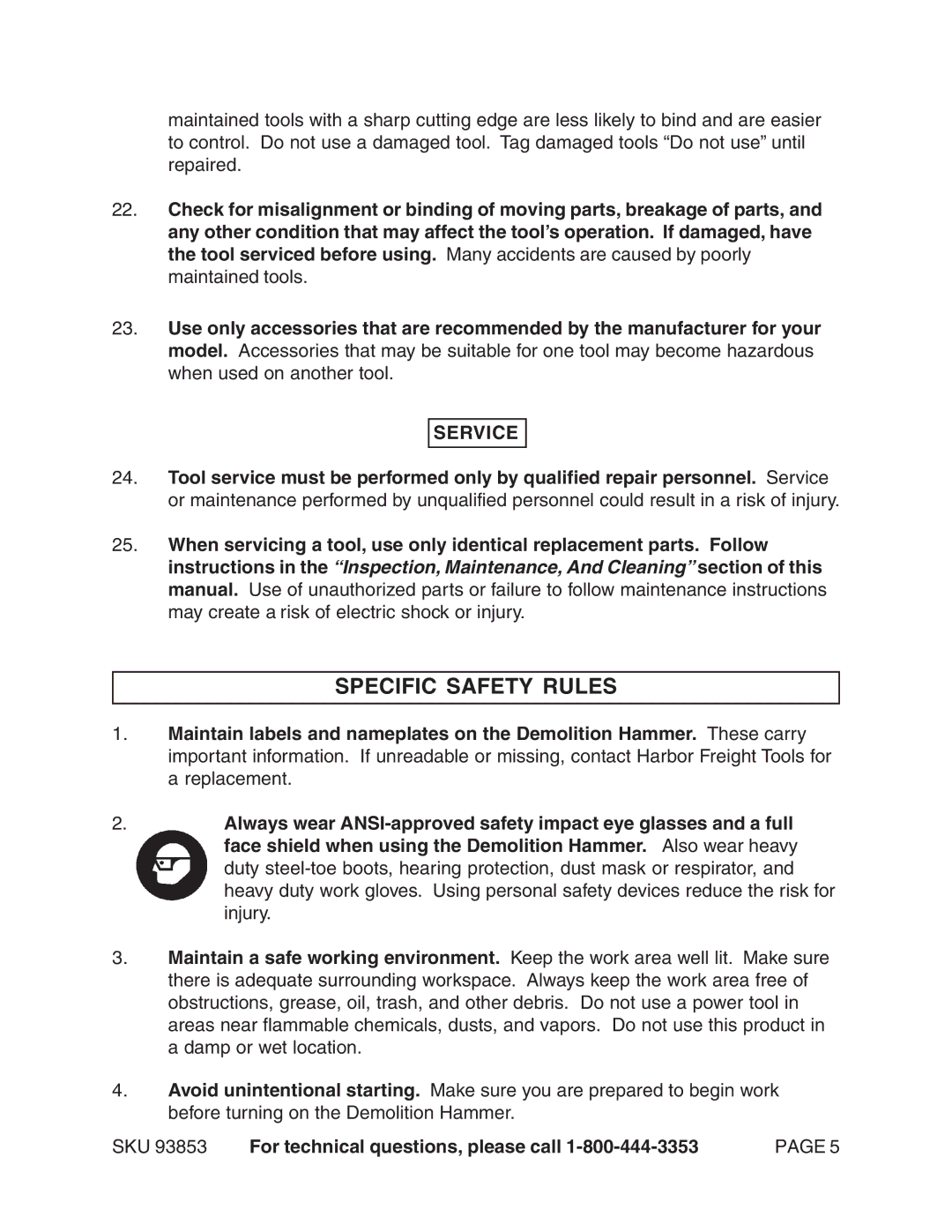 Harbor Freight Tools 93853 operating instructions Specific Safety Rules, Service 