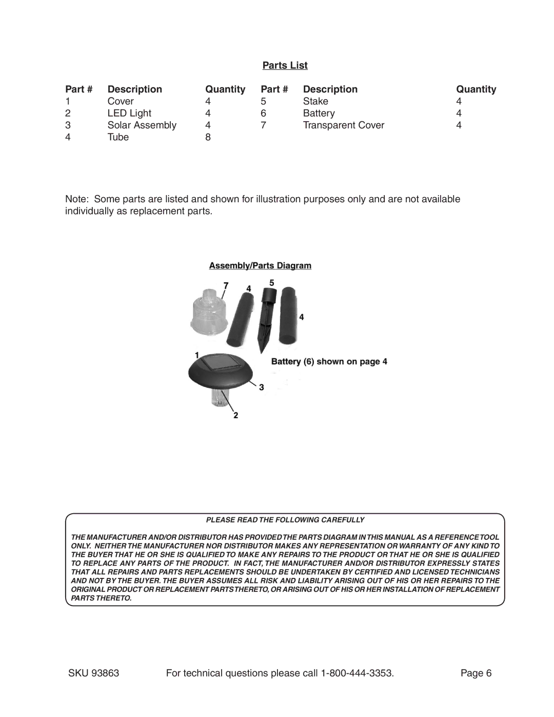 Harbor Freight Tools 93863 manual Parts List Description Quantity, Please Read the Following Carefully 