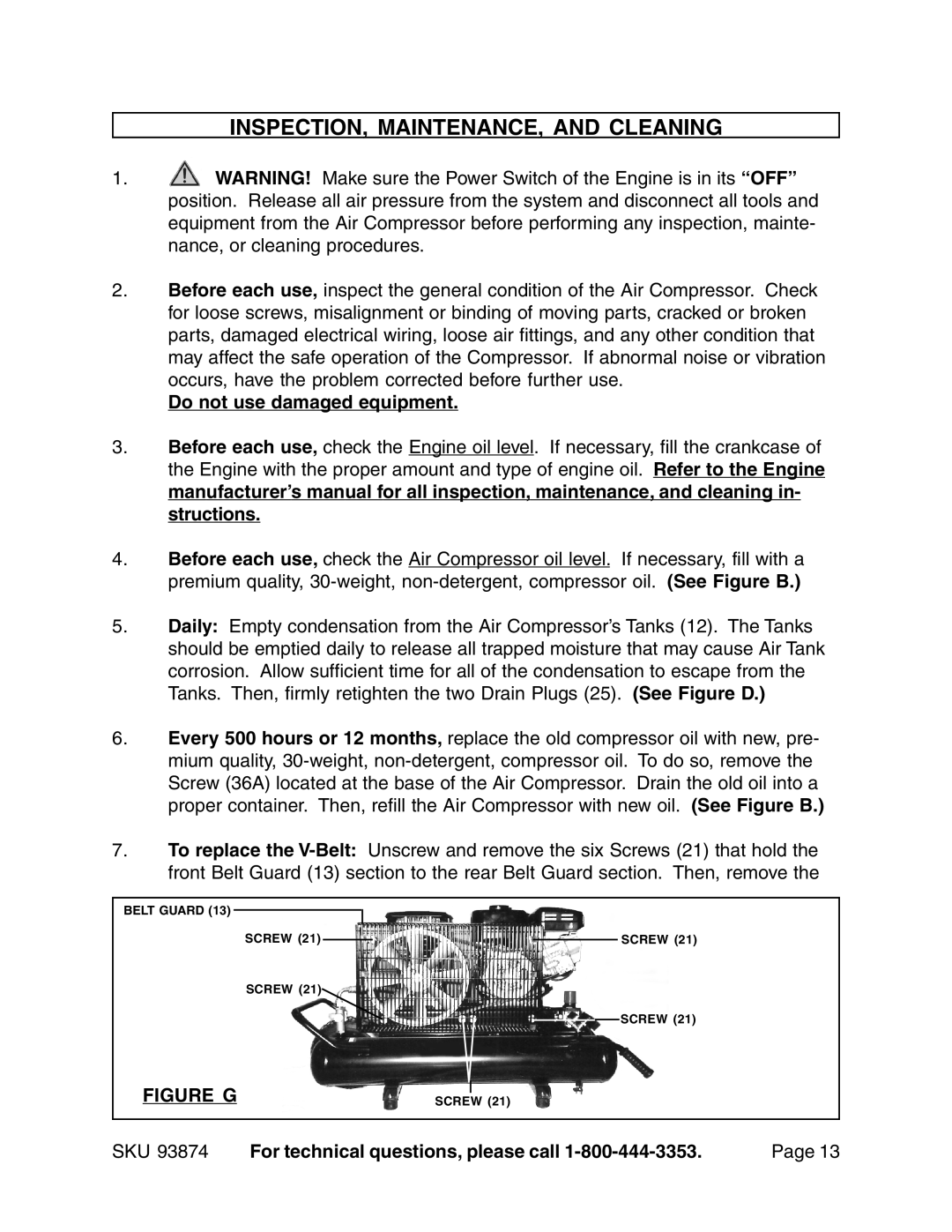 Harbor Freight Tools 93874 operating instructions INSPECTION, MAINTENANCE, and Cleaning, Do not use damaged equipment 