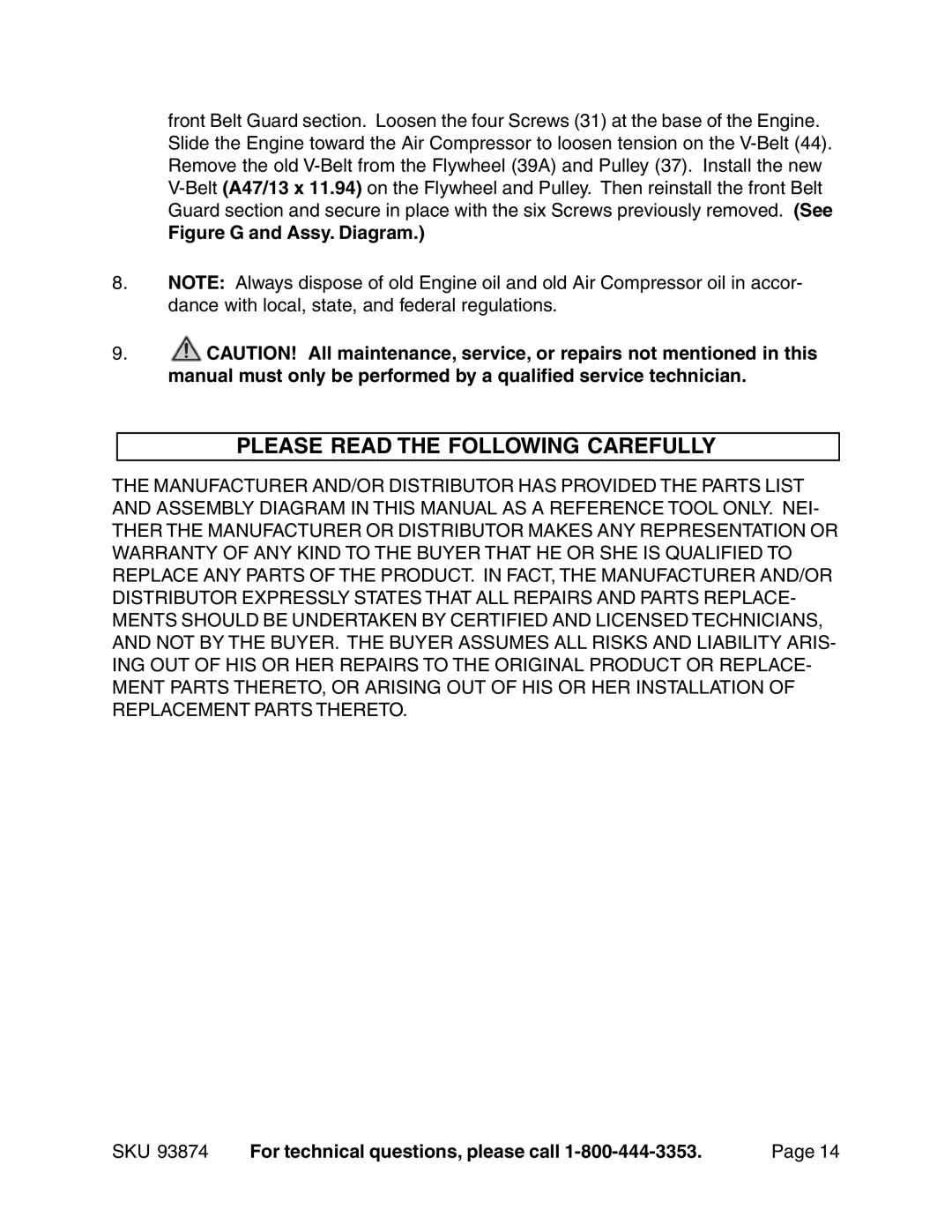 Harbor Freight Tools 93874 operating instructions Please Read the Following Carefully, Figure G and Assy. Diagram 