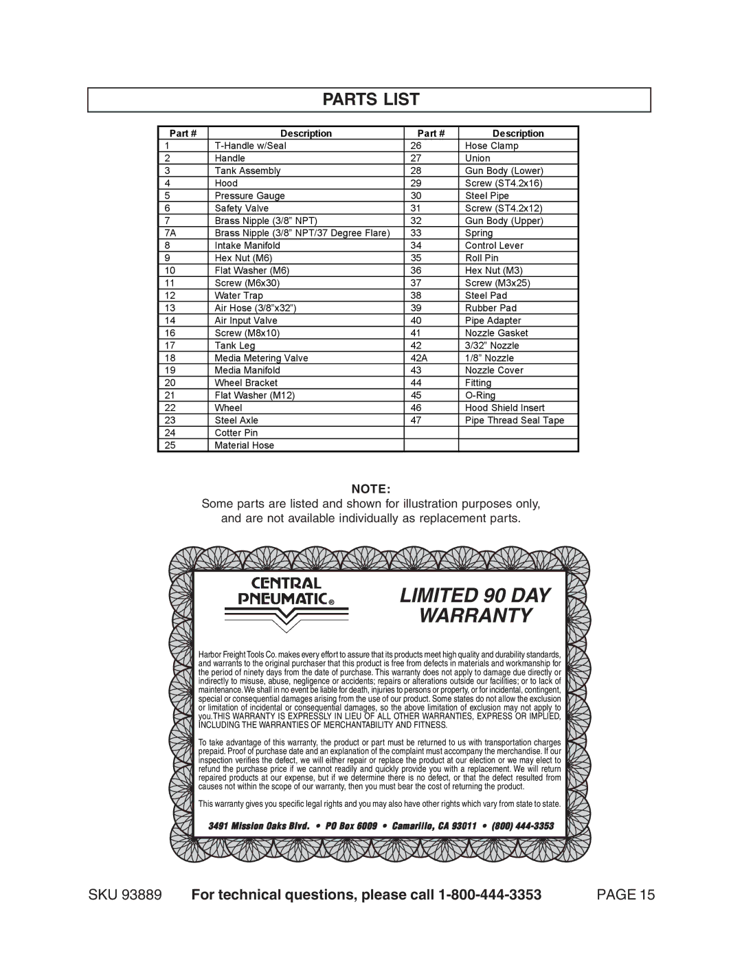 Harbor Freight Tools 93889 manual Limited 90 DAY Warranty, Parts List 