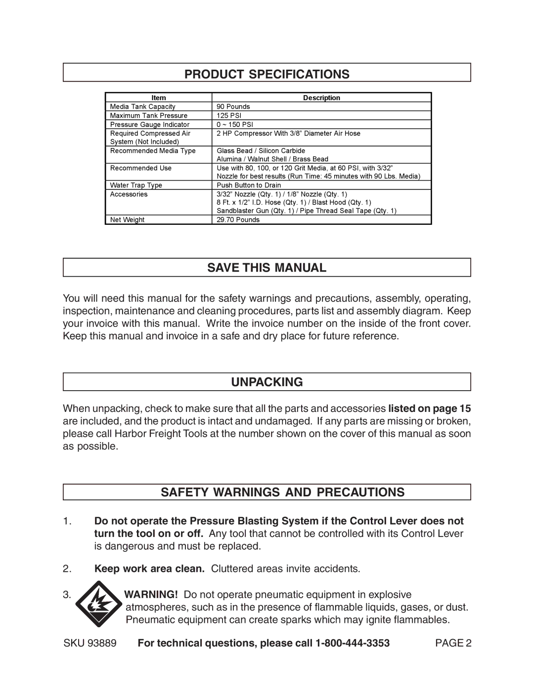 Harbor Freight Tools 93889 manual Product Specifications, Save this Manual, Unpacking, Safety Warnings and Precautions 