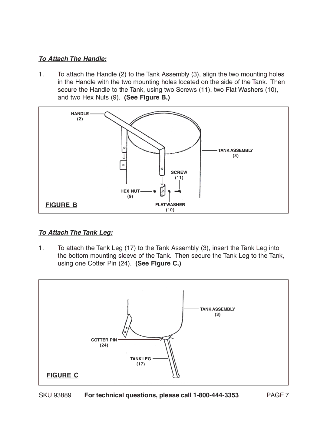 Harbor Freight Tools 93889 manual To Attach The Handle, To Attach The Tank Leg 