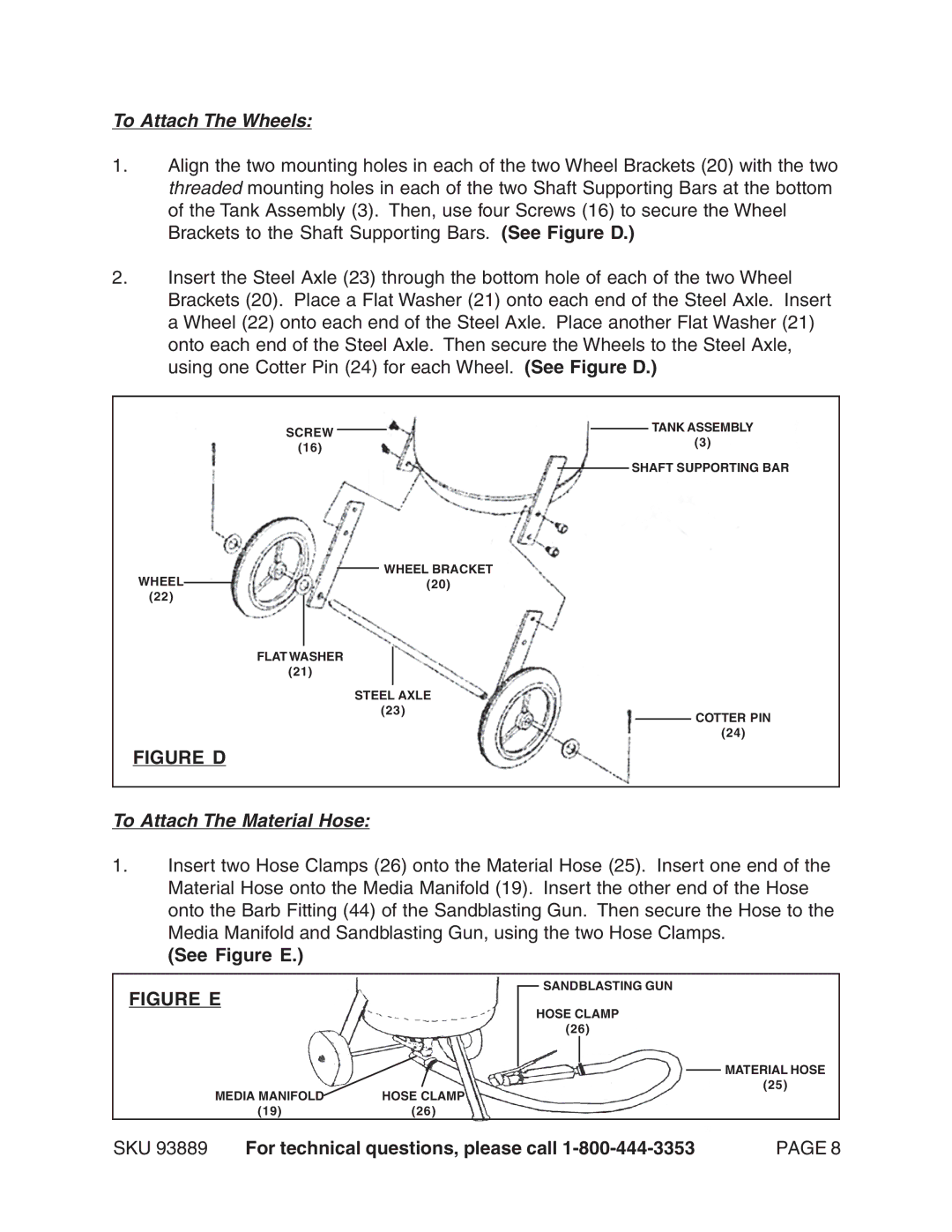 Harbor Freight Tools 93889 manual To Attach The Wheels, To Attach The Material Hose, See Figure E 