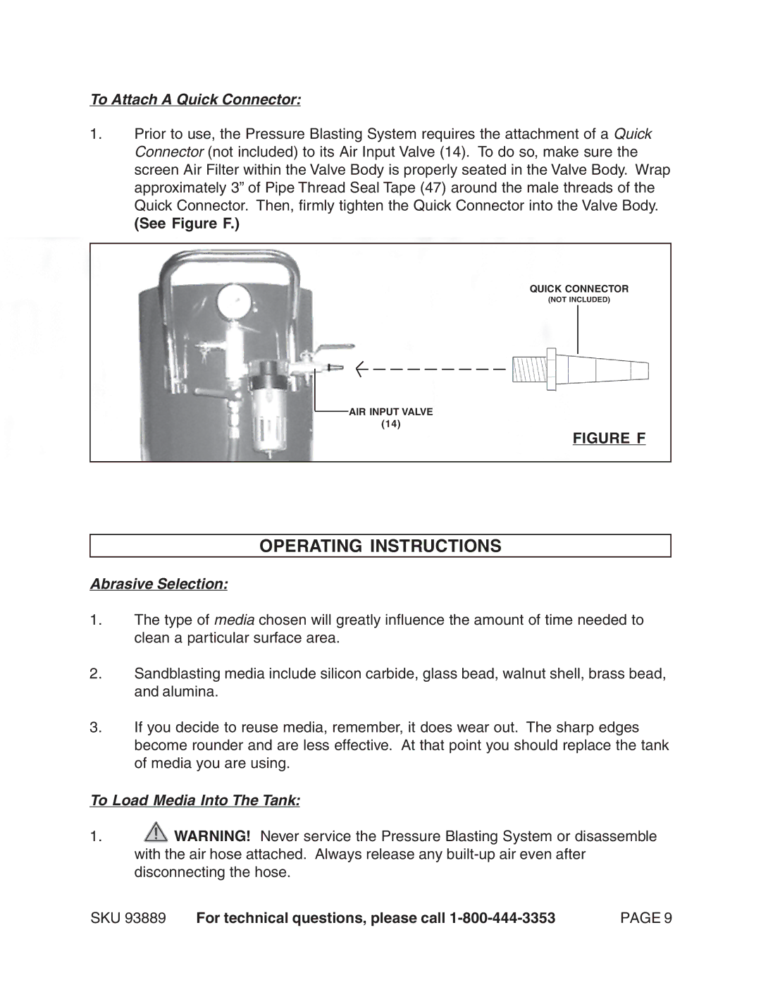 Harbor Freight Tools 93889 manual Operating Instructions, To Attach a Quick Connector, See Figure F, Abrasive Selection 