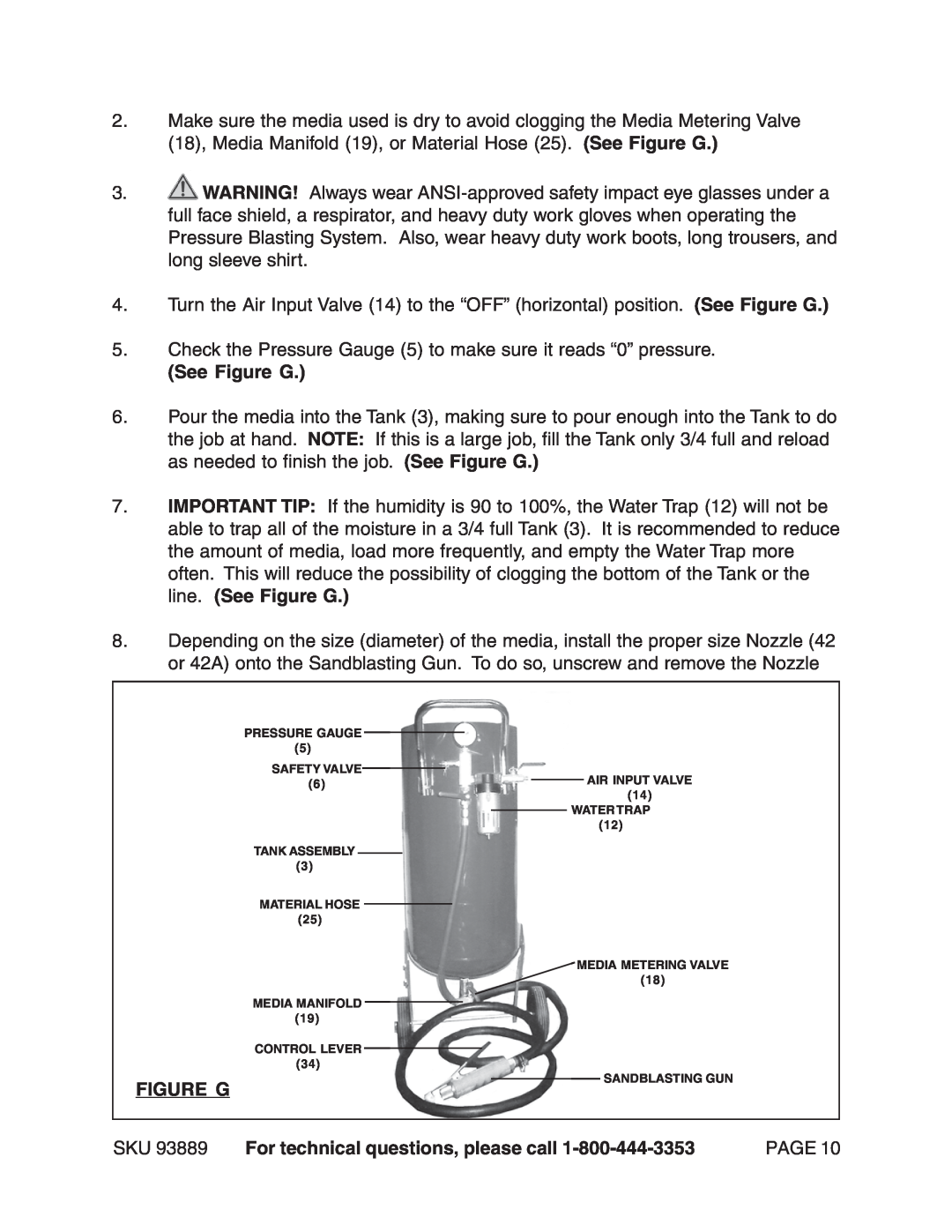 Harbor Freight Tools 93889 manual See Figure G, Check the Pressure Gauge 5 to make sure it reads “0” pressure 