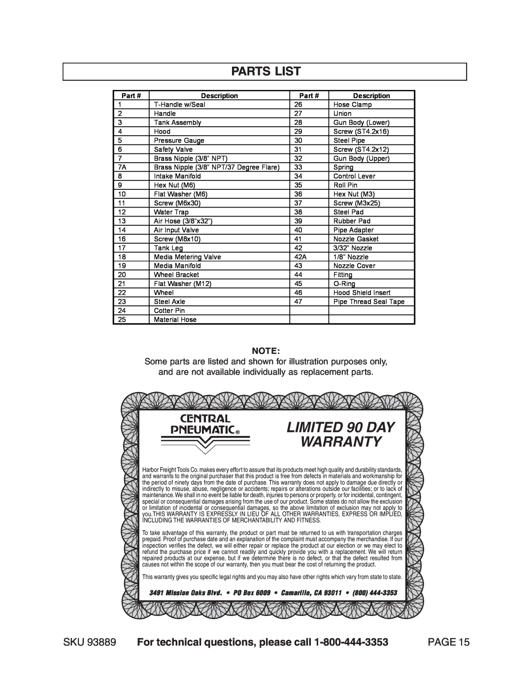 Harbor Freight Tools manual Parts List, LIMITED 90 DAY WARRANTY, SKU 93889 For technical questions, please call, Page 