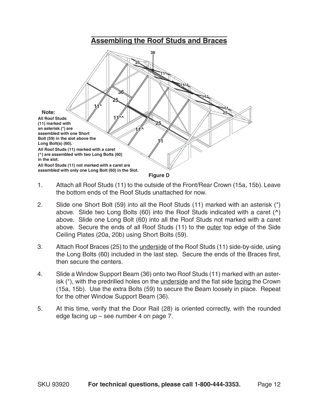 Harbor Freight Tools 93920 manual Assembling the Roof Studs and Braces, Figure D 