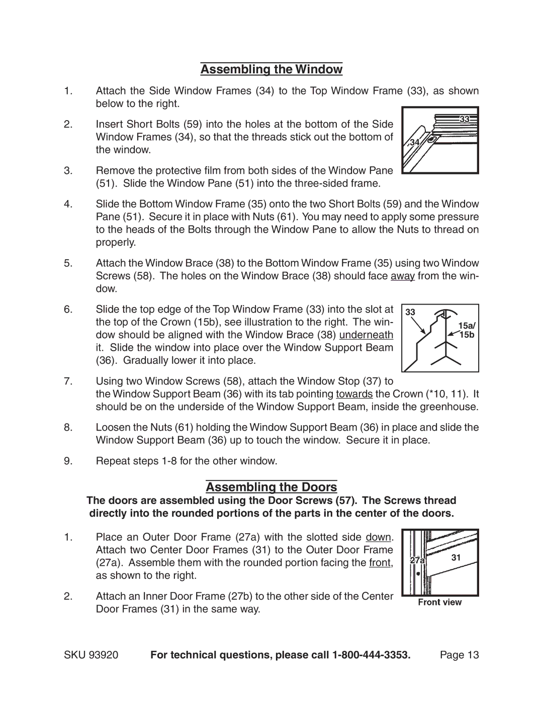 Harbor Freight Tools 93920 manual Assembling the Window, Assembling the Doors 