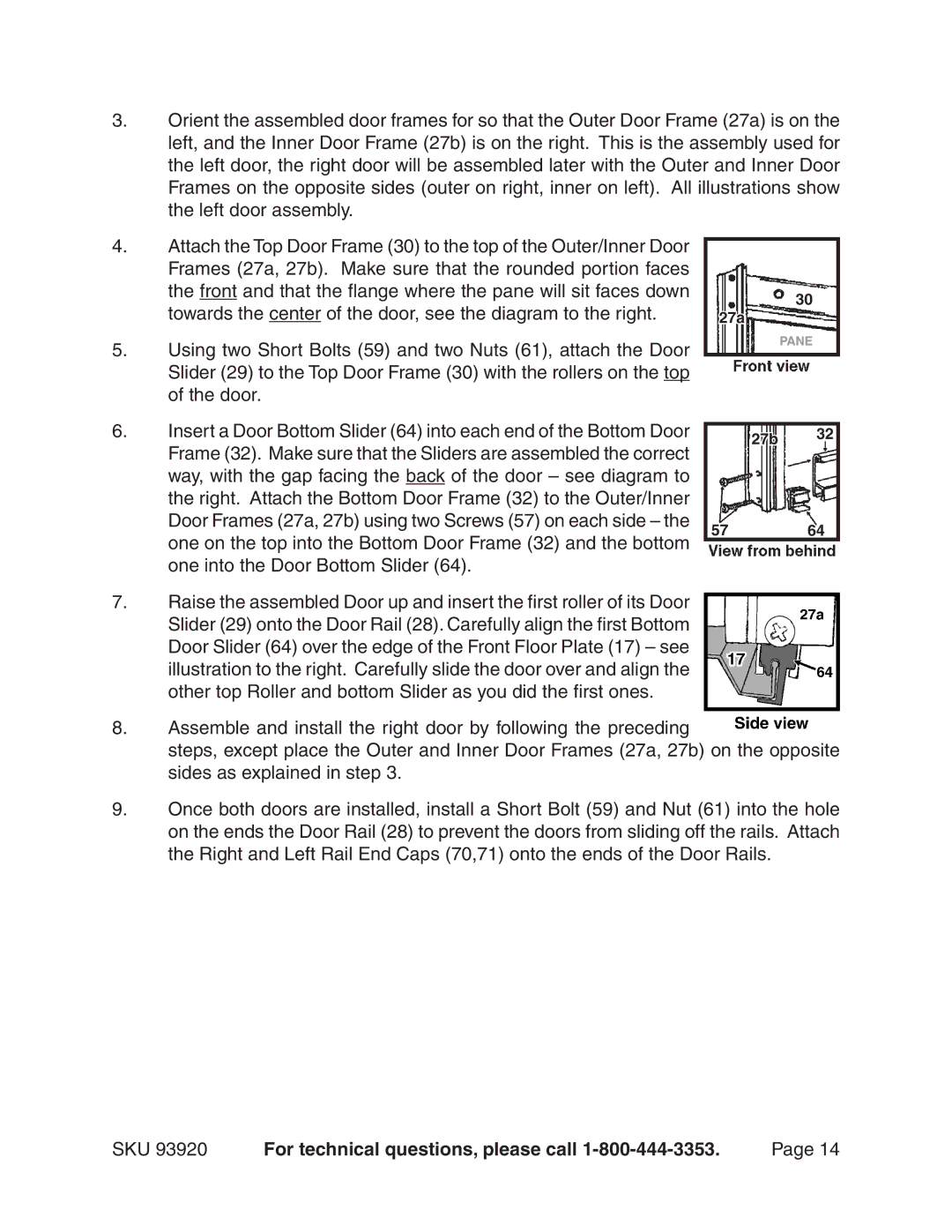 Harbor Freight Tools 93920 manual Using two Short Bolts 59 and two Nuts 61, attach the Door 