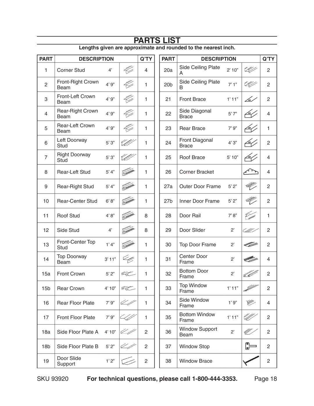 Harbor Freight Tools 93920 manual Parts List, Part Description ’ty 