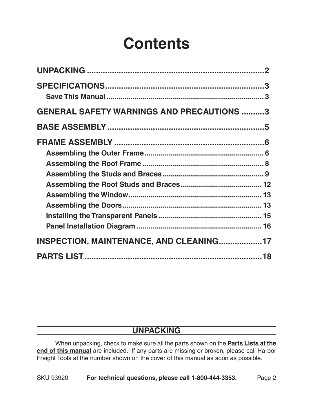 Harbor Freight Tools 93920 manual Contents 