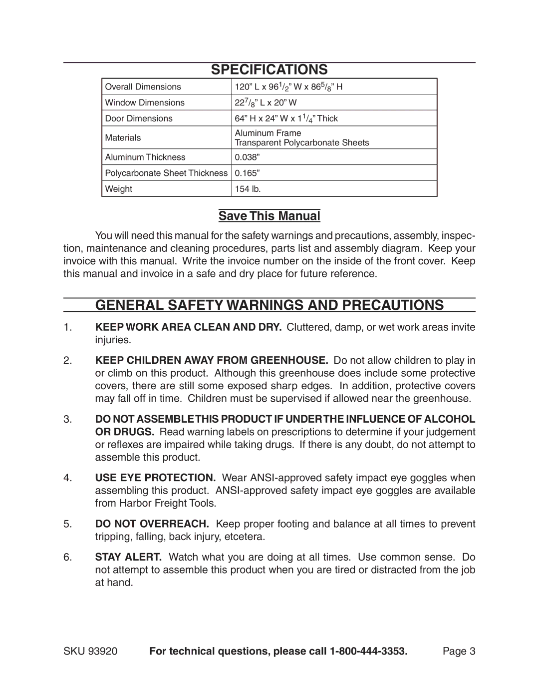 Harbor Freight Tools 93920 manual Specifications, Save This Manual 