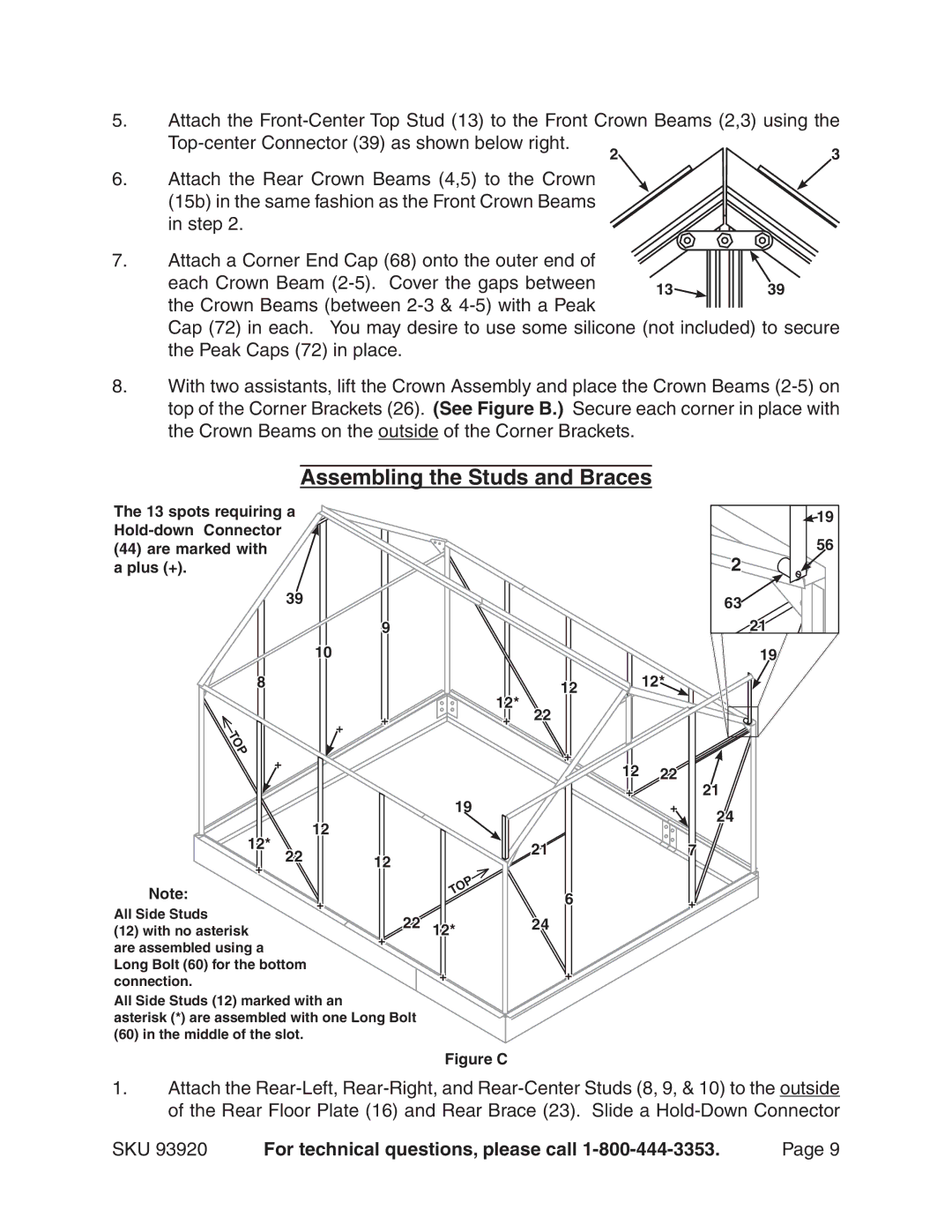 Harbor Freight Tools 93920 manual Assembling the Studs and Braces, Figure C 