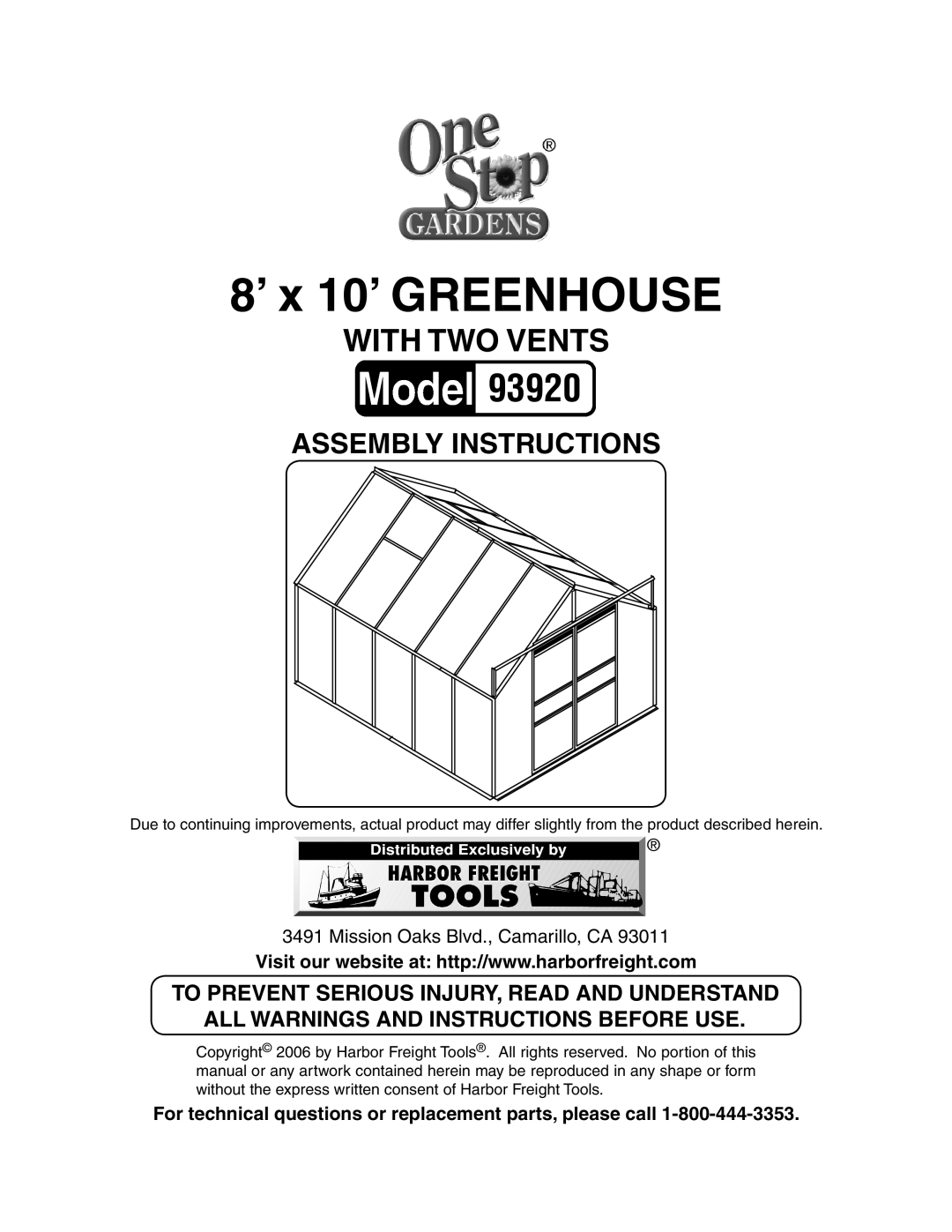 Harbor Freight Tools 93920 manual 8’ x 10’ GREENHOUSE, To prevent serious injury, read and understand, With Two Vents 