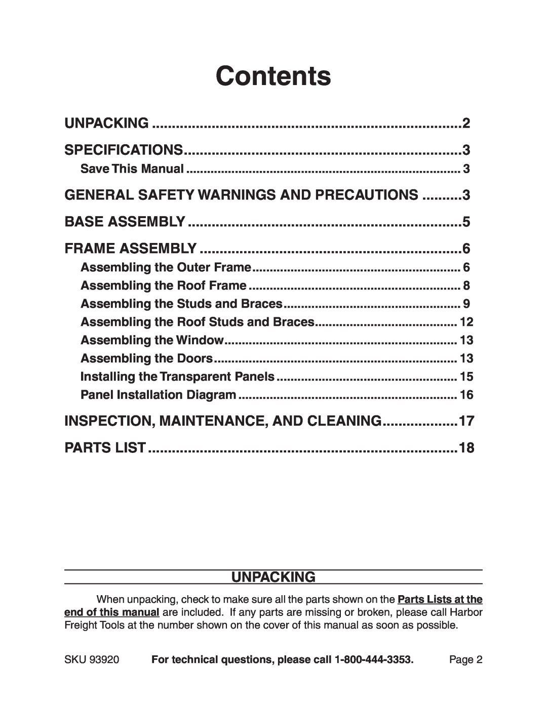 Harbor Freight Tools 93920 manual Contents, General Safety Warnings And Precautions, Base Assembly, Unpacking, Parts List 