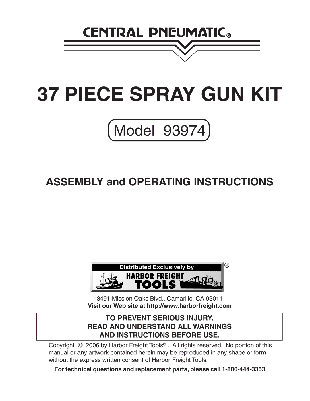 Harbor Freight Tools 93974 operating instructions Piece Spray GUN KIT 