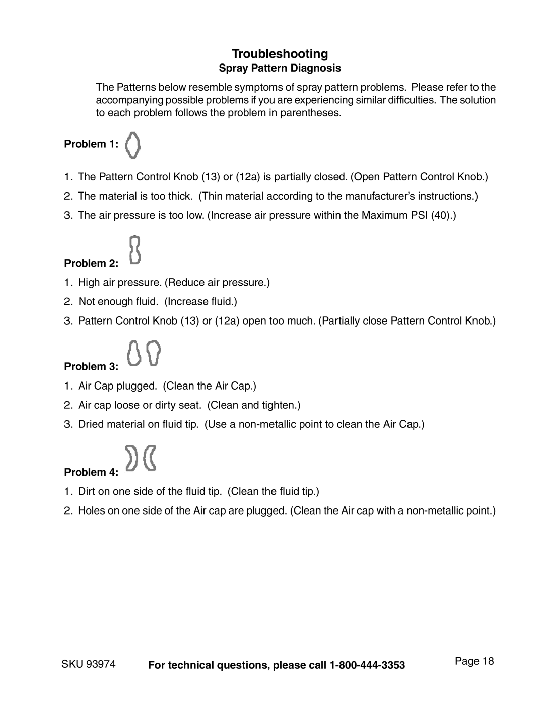 Harbor Freight Tools 93974 operating instructions Troubleshooting, Spray Pattern Diagnosis, Problem 