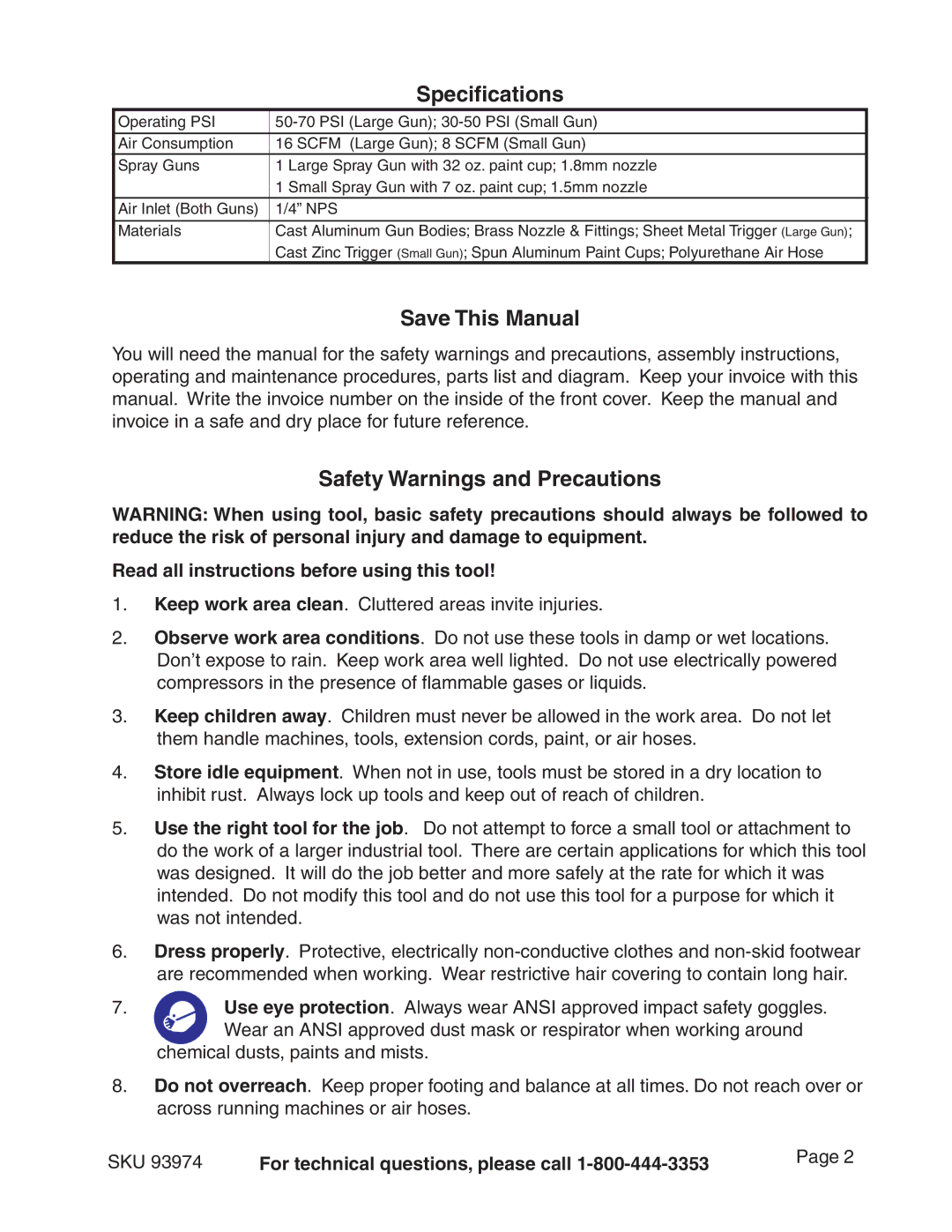 Harbor Freight Tools 93974 operating instructions Specifications, Save This Manual, Safety Warnings and Precautions 