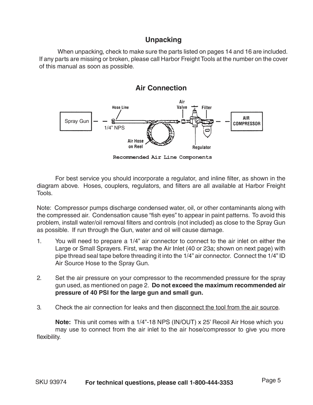 Harbor Freight Tools 93974 operating instructions Unpacking, Air Connection 