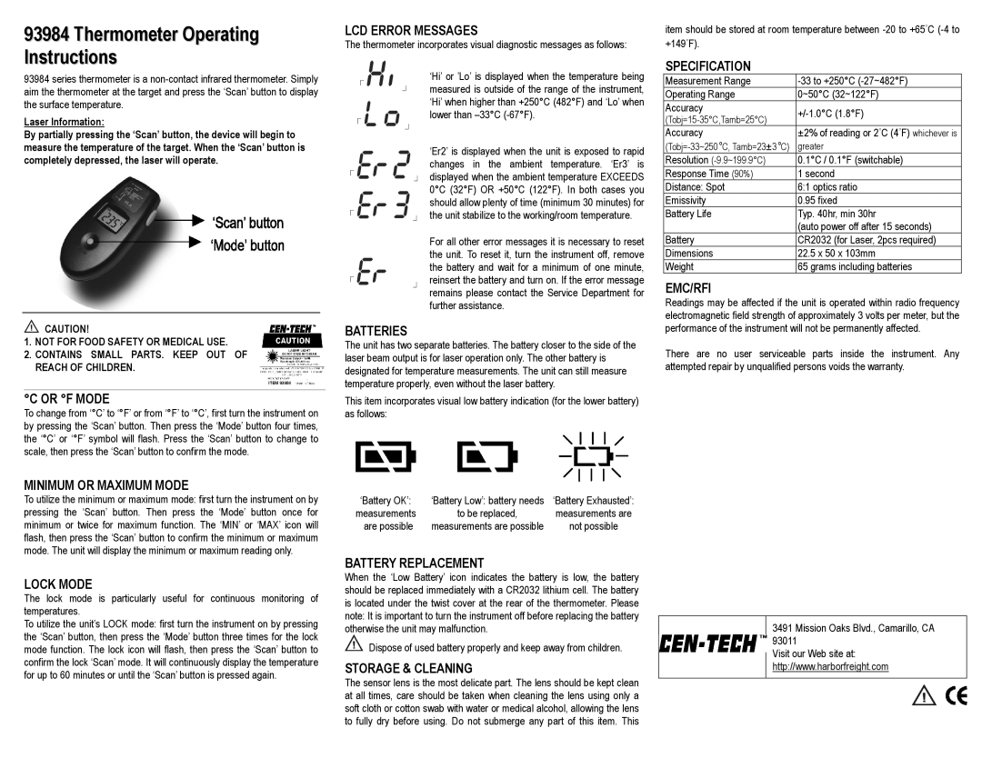 Harbor Freight Tools 93984 dimensions Thermometer Operating Instructions 