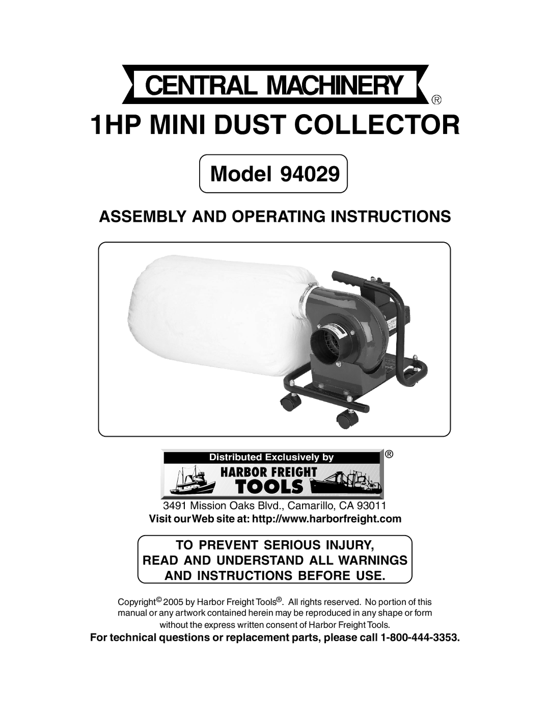 Harbor Freight Tools 94029 operating instructions 1HP Mini Dust Collector 