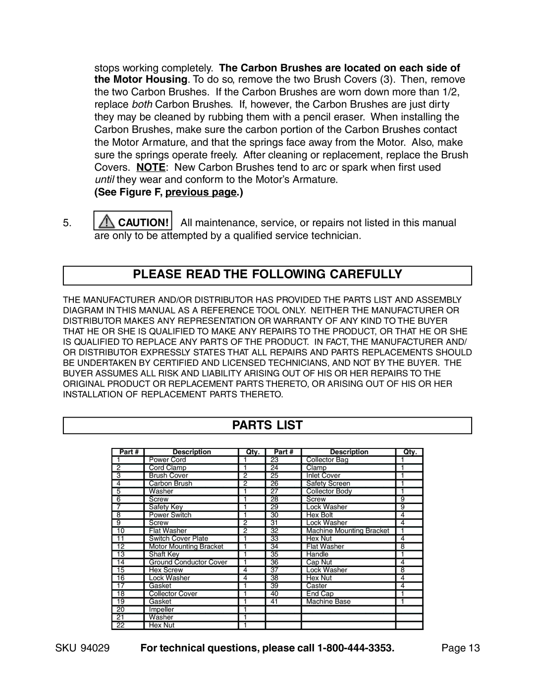 Harbor Freight Tools 94029 operating instructions Please Read the Following Carefully, Parts List, See Figure F, previous 