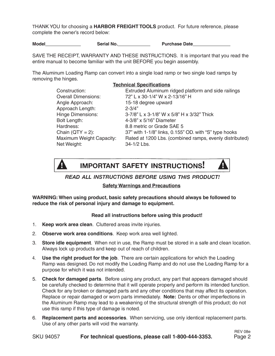 Harbor Freight Tools 94057 operating instructions SKU For technical questions, please call, Technical Specifications 